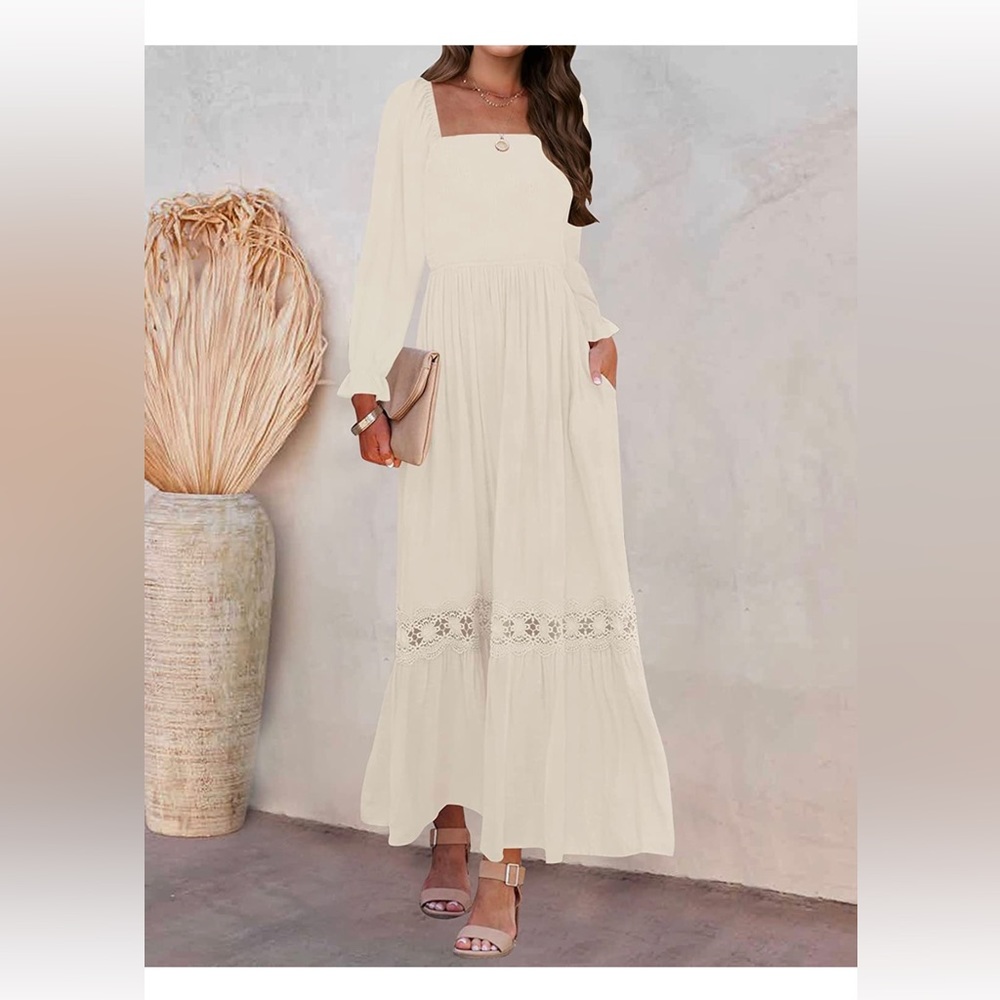 Boho LongSleeve Square Neck Smocked High Waist Flowy A Line Lace Trim Maxi Dress